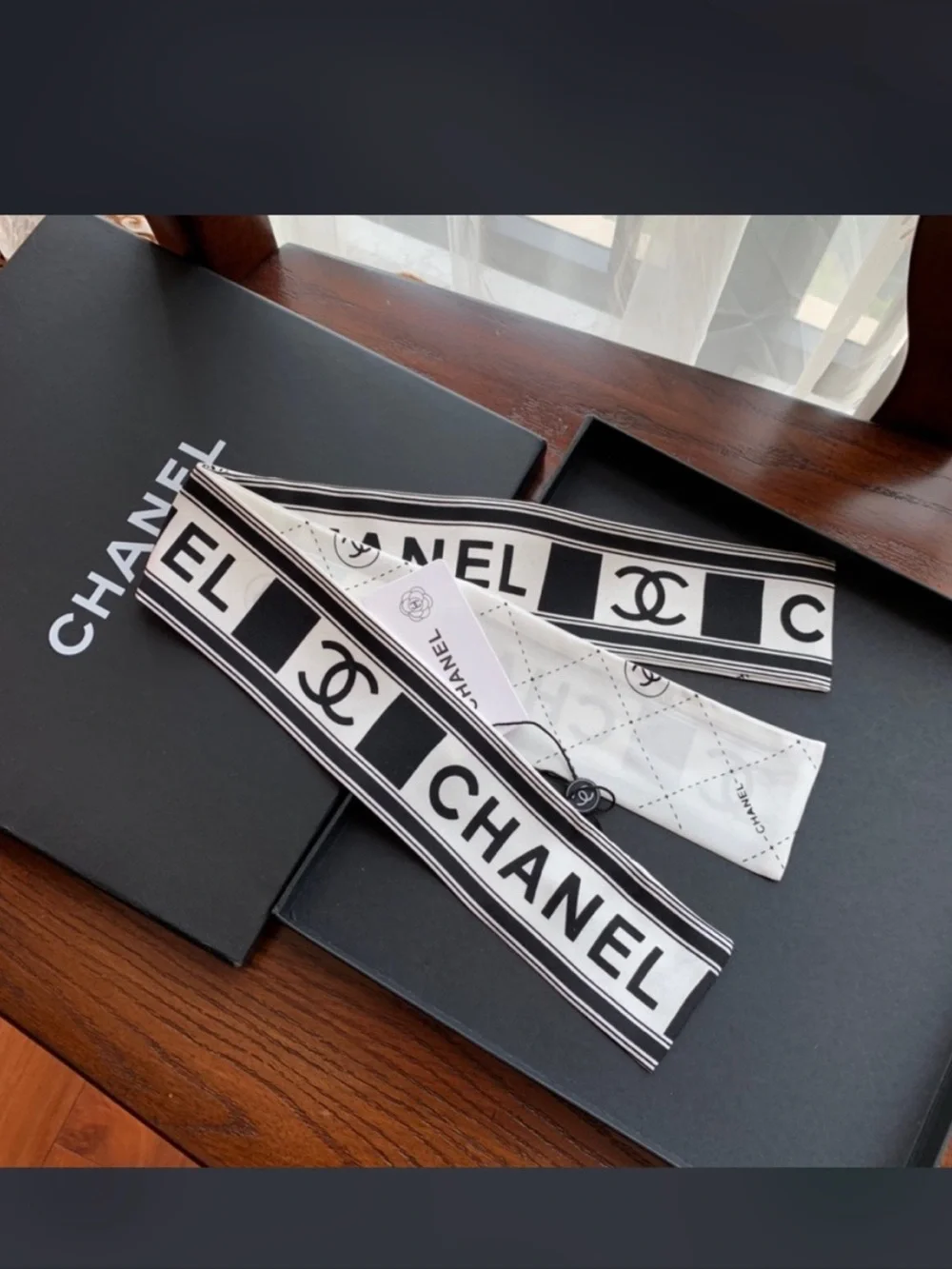 ChaneI Black White Block Spellout Twilly Scarf